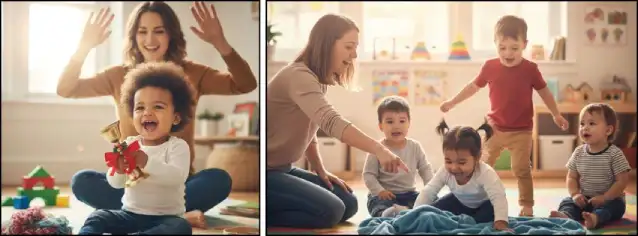 Μια μαμά ή δασκάλα παίζει με τα νηπιάκια παιχνίδια με μουσική και χορό