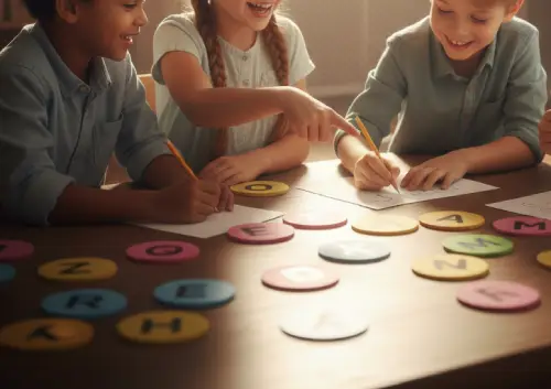 Τα παιδιά παίζουν το παιχνίδι των αναγραμματισμών του marianna 's playlab στο τραπέζι