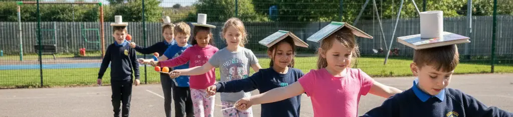 Παιδιά κάνουν άσκηση ισορροπίας με βιβλία στο κεφάλι